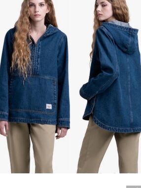 Herschel Supply Co. navy Denim Curved Hem Hooded Half Zip Anorak  jacket Size M